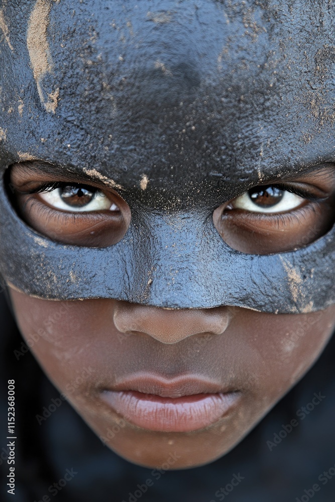 Fototapeta premium Portrait of a Child in Black Mask with Intense Gaze and Mud Textures