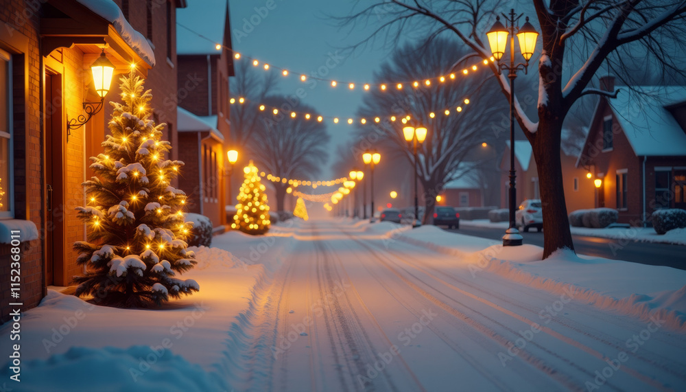 Snowy Winter Street with Christmas Lights Snowy Winter Street with Christmas Lights