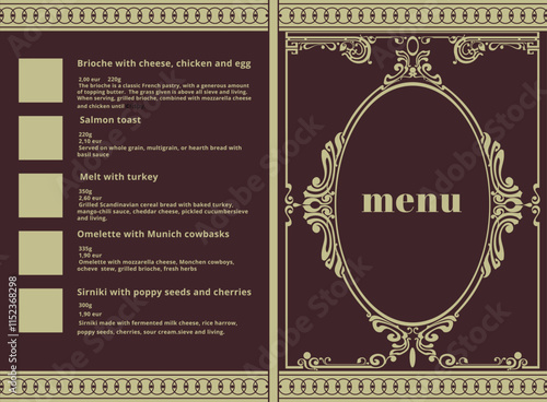 Cover design and page with space for a photo, description of dishes for restaurants, bars, cafes and other businesses