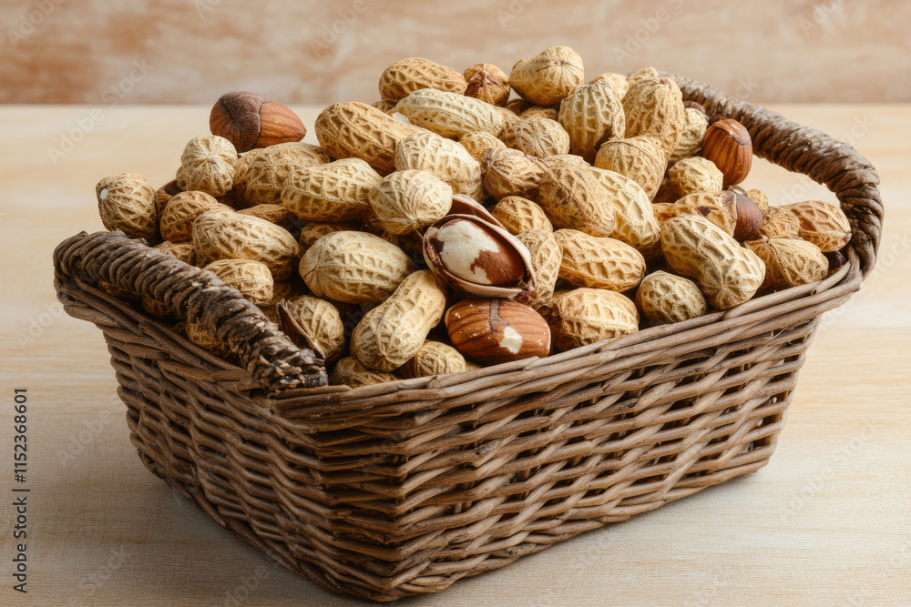 Basket of various nuts on wooden surface Basket of various nuts on wooden surface