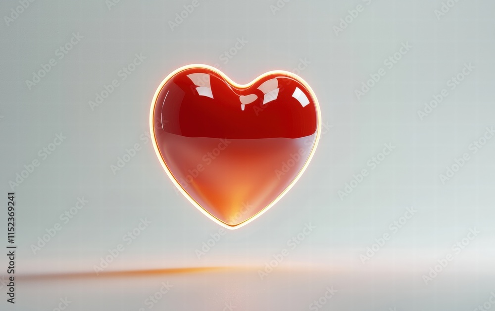 Fototapeta premium A bright red heart surrounded by a halo of soft glowing light, floating mid-air against a clean white background for Valentines Day