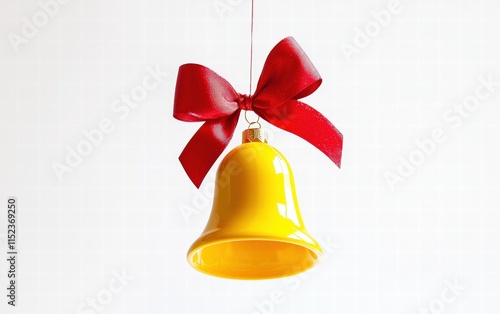 A bright yellow ornament shaped like a bell with a red bow floating mid-air, isolated on white photo