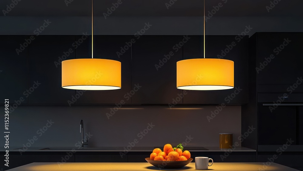 A modern kitchen at night with two hanging light fixtures one yellow and one white casting a warm glow The