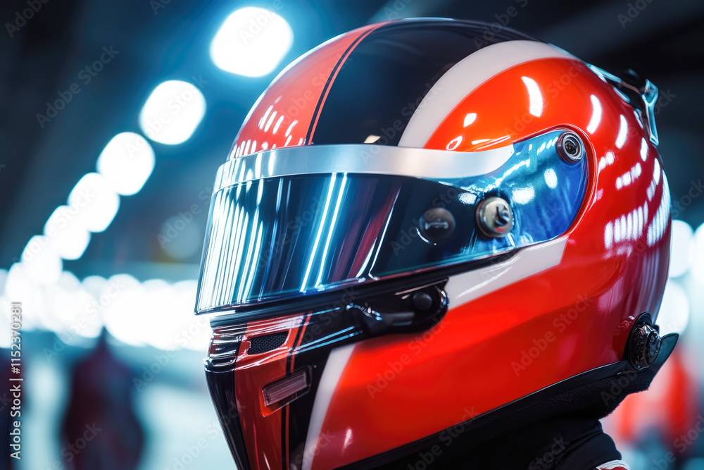 Fototapeta premium Racing helmet with red and black design in lit tunnel