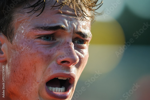 Intense emotion of young caucasian male athlete during competition photo