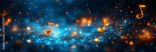 Golden music notes floating on a sparkling blue and orange background