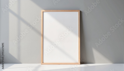 Flyer mockup with shadows on light wall and wooden frame with copy space