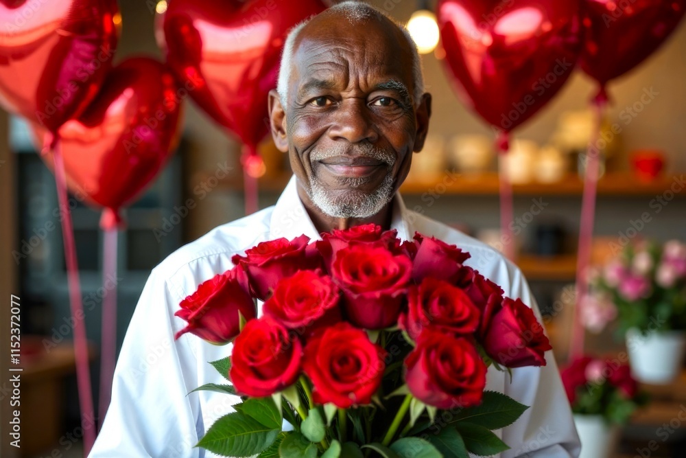 Happy Black Man with big Bouquet of Red Roses. Portrait of smiling Elderly black businessman in white shirt holds red roses, against blurry background in the flower shop, red heart-shaped balloons Happy Black Man with big Bouquet of Red Roses. Portrait of smiling Elderly black businessman in white shirt holds red roses, against blurry background in the flower shop, red heart-shaped balloons