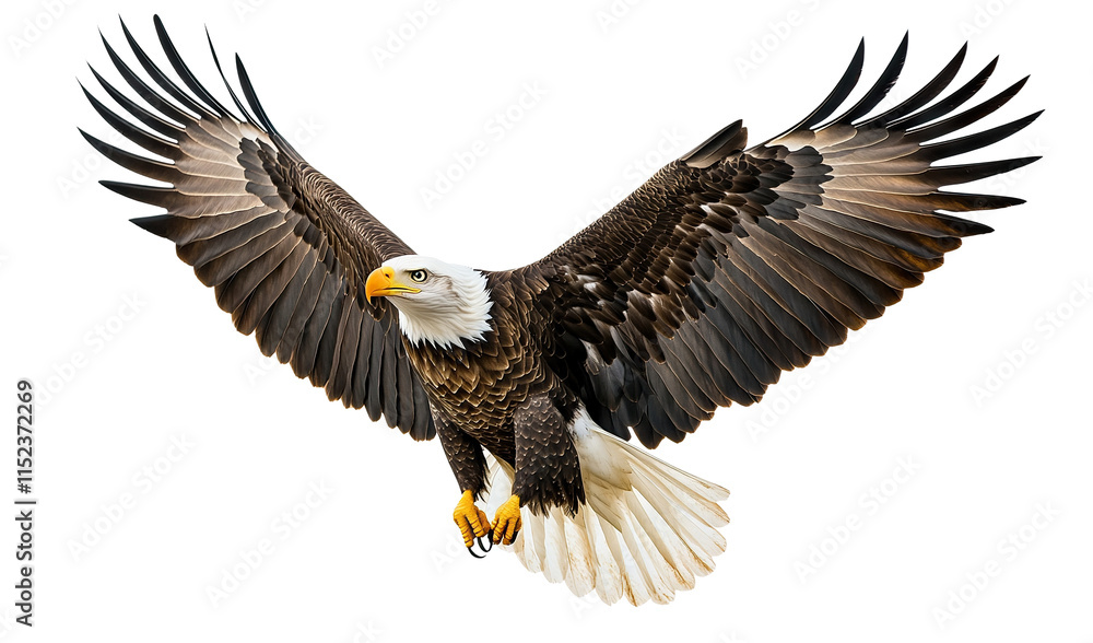 Majestic American bald eagle in flight with wings spread wide, isolated on transparent cutout background
Majestic American bald eagle in flight with wings spread wide, isolated on transparent cutout background