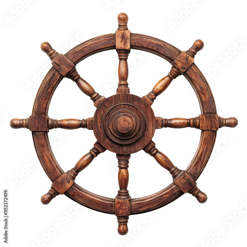 Antique wooden ship steering wheel with rustic design, isolated on transparent cutout background
 photo