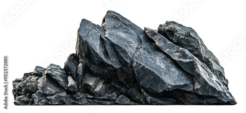 Large black stone outcrop with sharp edges, isolated on transparent cutout background
