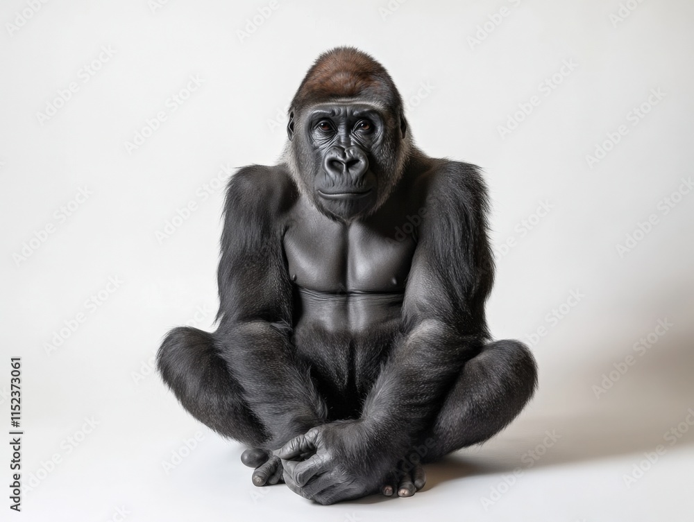 a gorilla sits with a neutral expression against a white backdrop a gorilla sits with a neutral expression against a white backdrop