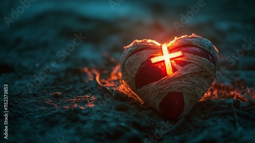 a heart in bandages with a cross shining bright over the top