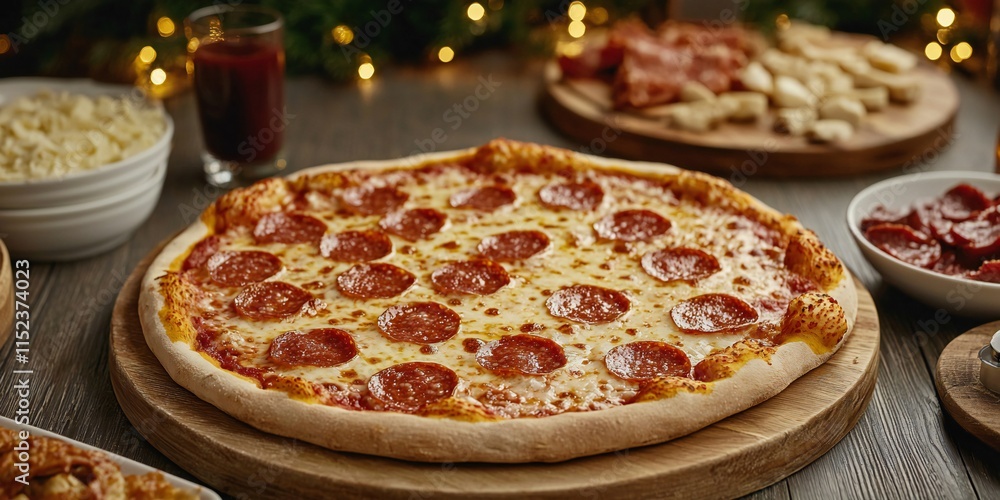 National Pizza Day Delicious Pepperoni Pizza on Wooden Board Festive Food National Pizza Day Delicious Pepperoni Pizza on Wooden Board Festive Food