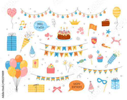 Birthday vector elements set. Funny flat colorful hand drawn kid bday design objects isolated. Cute birthday cake, party hat, cracker, balloons, gift boxes. Joyful childish illustrations collection