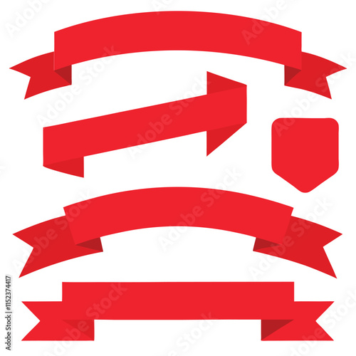 Red ribbon set vector design features a collection of 3D arrow and scroll elements for banner decoration