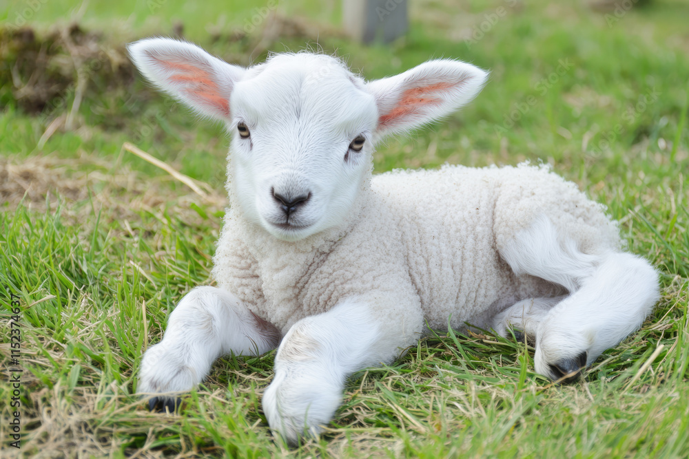 Fototapeta premium Adorable young lamb resting on green grass in a peaceful pasture