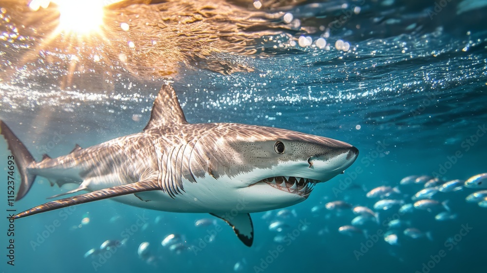 Obraz premium Great white shark swimming under sunlight.