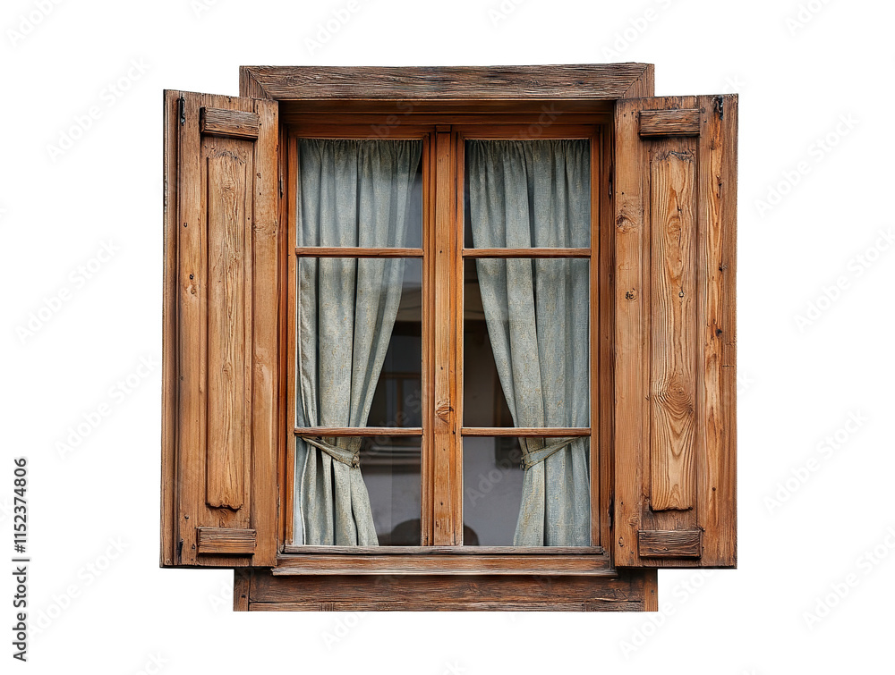 Obraz premium Rustic wooden window frame with decorative shutters, isolated on transparent cutout