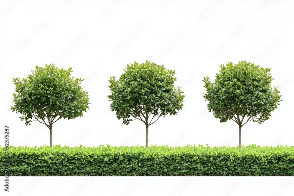 three green trees and a hedge against a white background