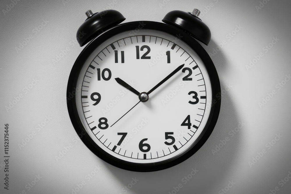 Classic black and white analog alarm clock on white background