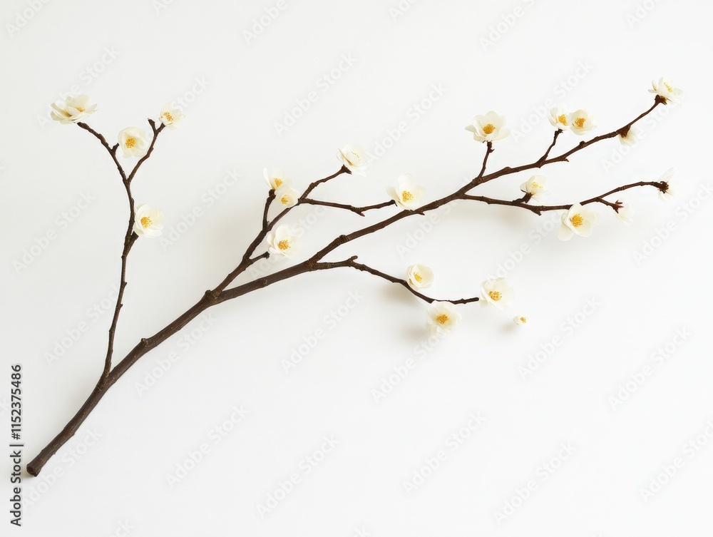 a brown branch with white flowers against a white background a brown branch with white flowers against a white background