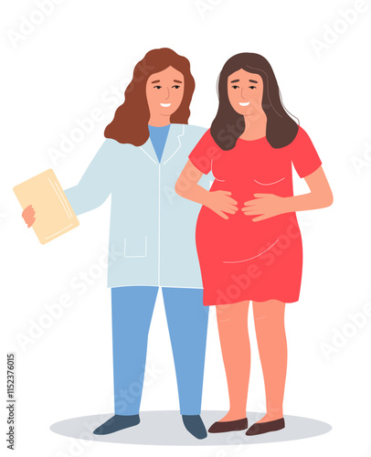 Pregnant woman with a midwife at an appointment, consultation in full view. Vector flat graphics.