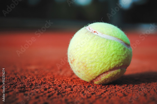 Close-up of a tennis ball on clay court surface photo