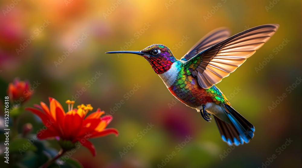 Fototapeta premium Vibrant Hummingbird in Flight with Red Flowers and Golden Sunset Background