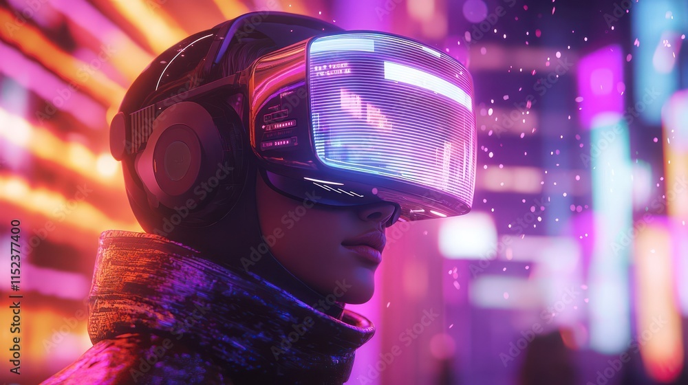 Futuristic figure wearing a VR headset in a neon-lit cityscape Futuristic figure wearing a VR headset in a neon-lit cityscape