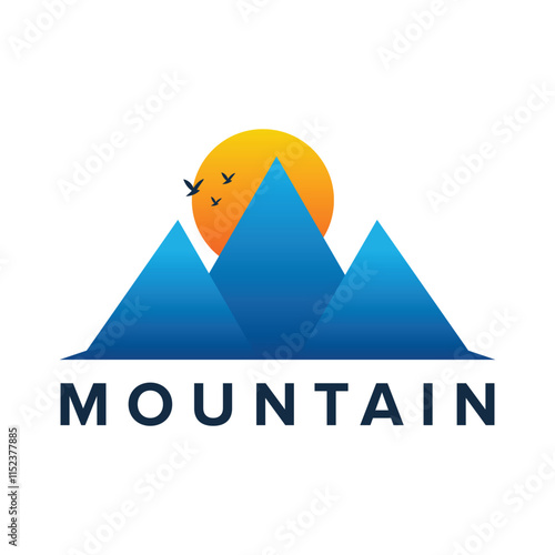 Mountain and sunset vector logo design. Sunset over mountain peak design. Three hill with sun and bird. Travel and adventure logo.