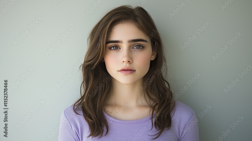 Fototapeta premium Portrait of young beautiful cute woman with long brown hair wearing lavender shirt against neutral background