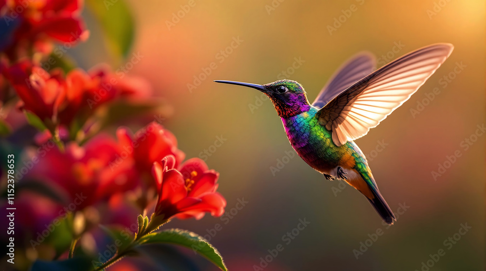 Vibrant Hummingbird in Flight with Red Flowers and Golden Sunset Background Vibrant Hummingbird in Flight with Red Flowers and Golden Sunset Background