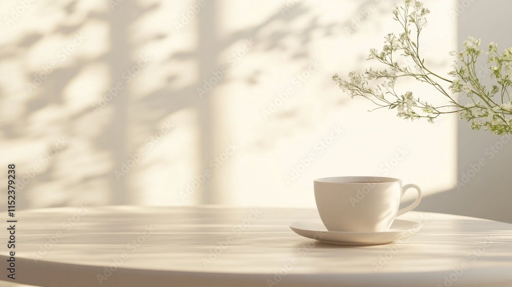 Morning coffee in minimalist sunlit space with delicate floral decor Morning coffee in minimalist sunlit space with delicate floral decor