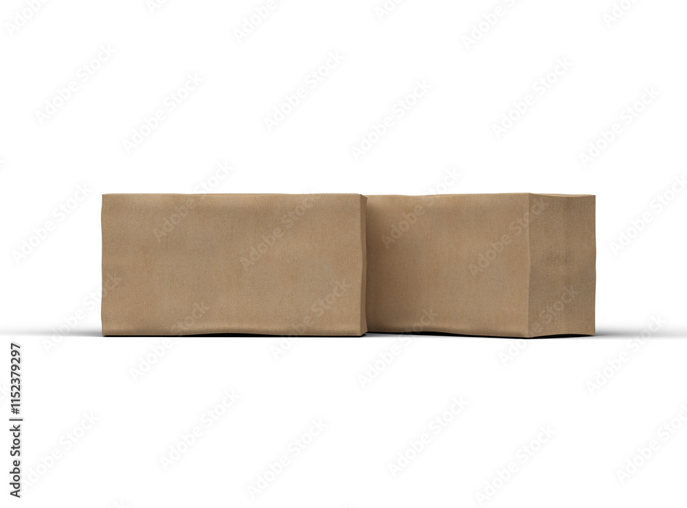 Rendered image of a rectangular cardboard box with dents on a light background Rendered image of a rectangular cardboard box with dents on a light background