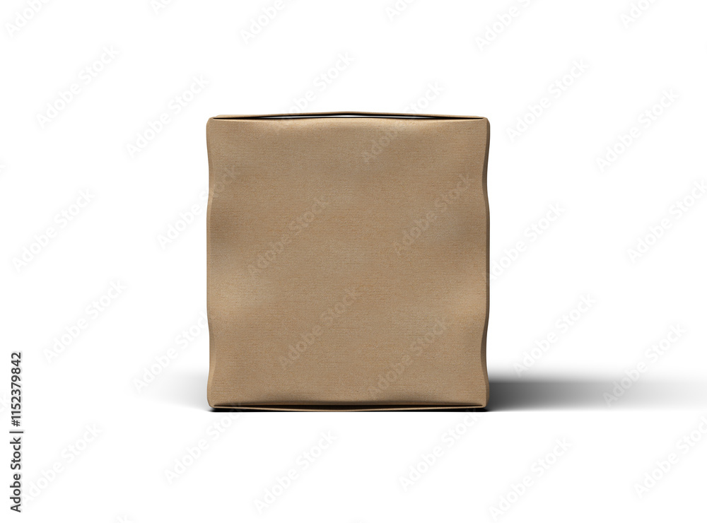 Rendered image of a small cubic cardboard box with dents on a light background Rendered image of a small cubic cardboard box with dents on a light background