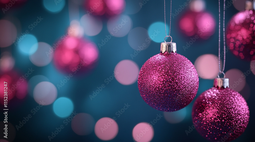 Holiday decorations create a festive atmosphere with sparkling pink ornaments hanging against a bokeh background Holiday decorations create a festive atmosphere with sparkling pink ornaments hanging against a bokeh background