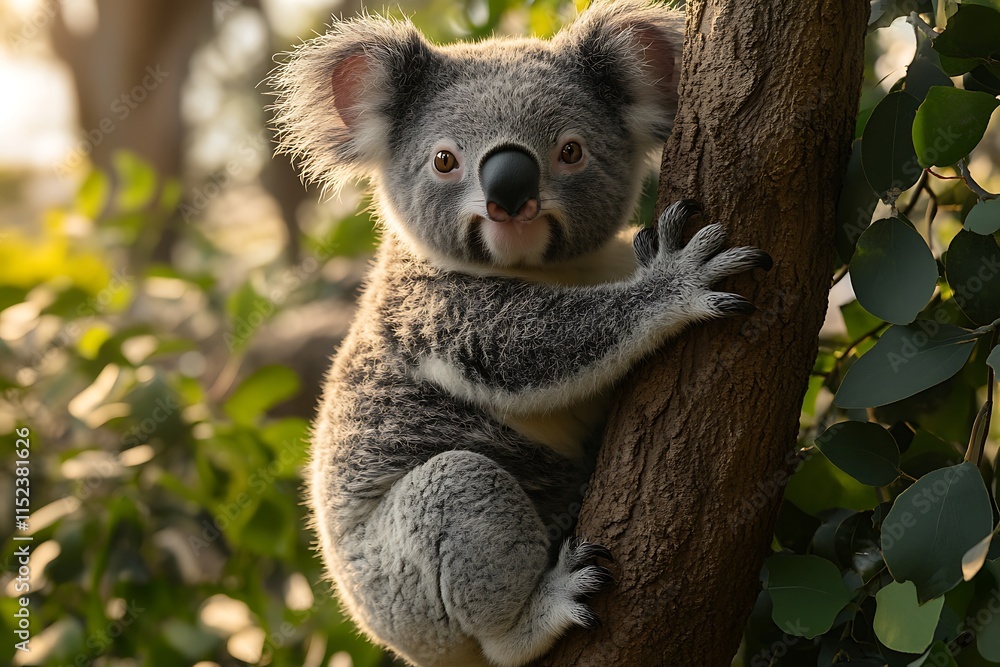 Naklejka premium Adorable Koala Bear Clinging To A Tree Trunk