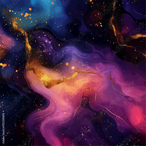 Liquid art purple, pink, violet, gold abstract alcohol ink marble texture dark background.