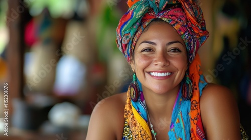 portrait of a person wearing a colorful headwrap