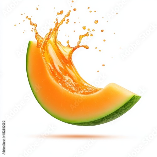 Fresh Melon Slice with Splashing Juice Isolated on White Background