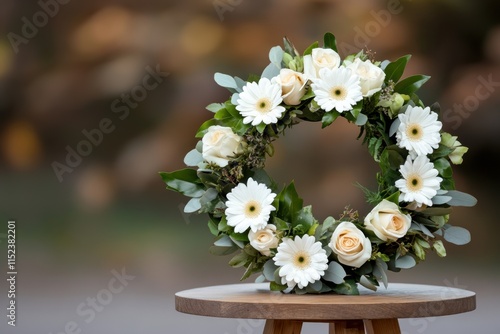 sympathy wreath, gorgeous wreath of funeral flowers on a wooden stand against a serene backdrop, designed with room for a heartfelt message photo