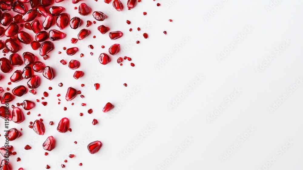 Vibrant Red Pomegranate Seeds Arranged on a White Surface Vibrant Red Pomegranate Seeds Arranged on a White Surface