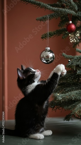 Wallpaper Mural A playful tuxedo cat batters at a silver ornament. Torontodigital.ca