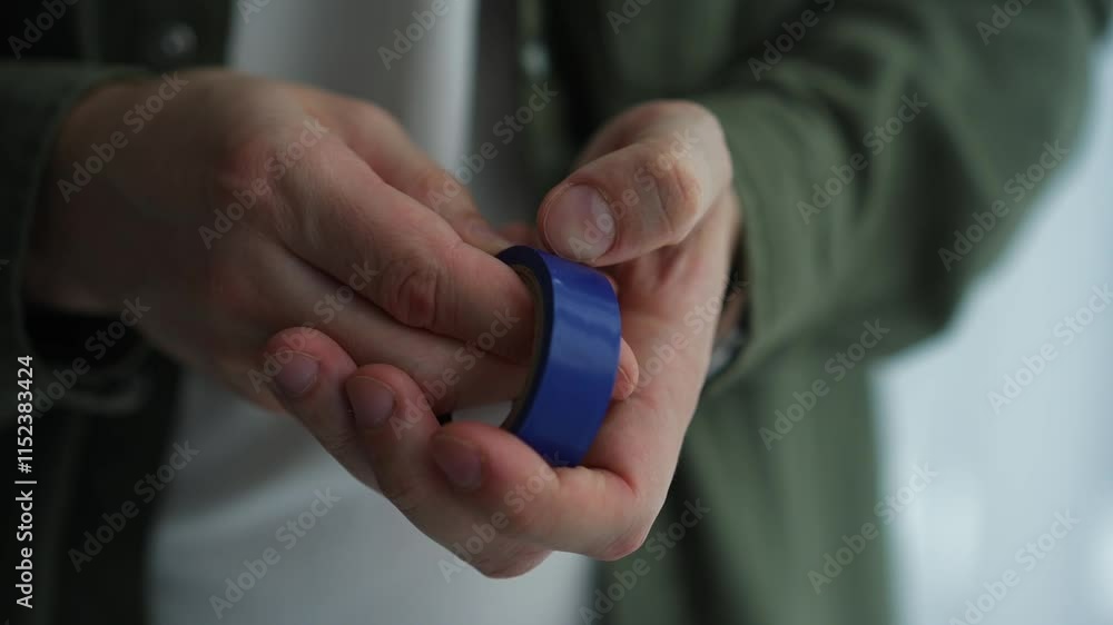A roll of electrical tape is in the hands of a master.
Adhesive tape in the guy's hands.
A man holds a roll of tape in his hands. A roll of electrical tape is in the hands of a master.
Adhesive tape in the guy's hands.
A man holds a roll of tape in his hands.