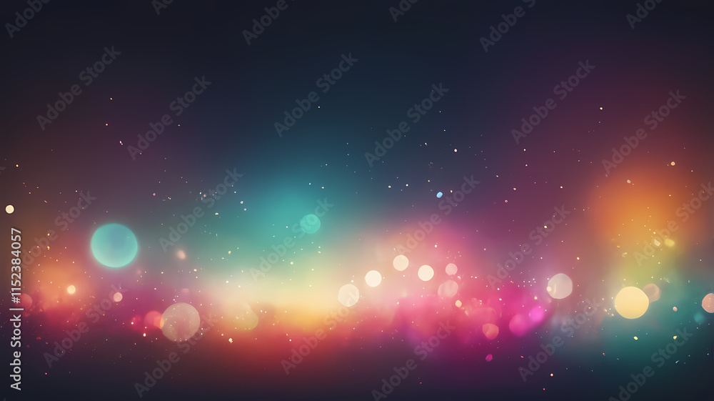 Obraz premium Cosmic Glow: A captivating abstract background featuring a vibrant, multi-colored spectrum of bokeh lights dancing across a dark canvas, evoking feelings of wonder and excitement. 