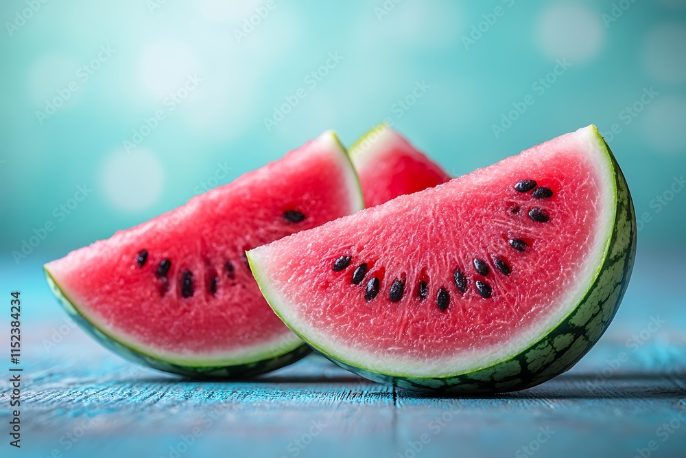 Two juicy watermelon slices on a blue background Two juicy watermelon slices on a blue background