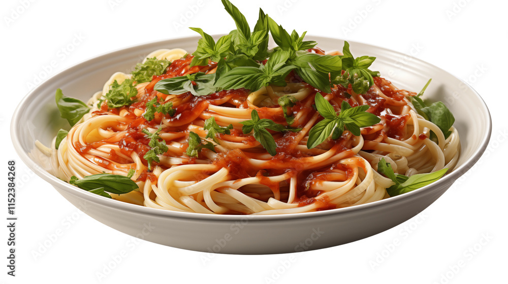 Italian-style pasta served in a white bowl, coated in rich tomato sauce and garnished with fresh basil, studio view, isolated on transparent background. Italian-style pasta served in a white bowl, coated in rich tomato sauce and garnished with fresh basil, studio view, isolated on transparent background.