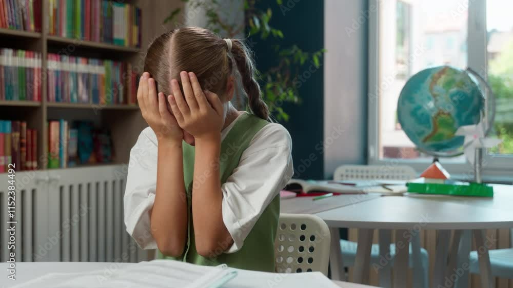 Crying desperate exhausted Caucasian little girl child kid schoolgirl ...