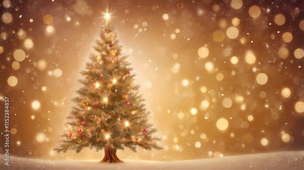 Christmas Magic: A beautifully decorated Christmas tree sparkles with warm lights and falling snow against a shimmering gold background. Perfect for holiday cards, websites, and festive designs. Christmas Magic: A beautifully decorated Christmas tree sparkles with warm lights and falling snow against a shimmering gold background. Perfect for holiday cards, websites, and festive designs.